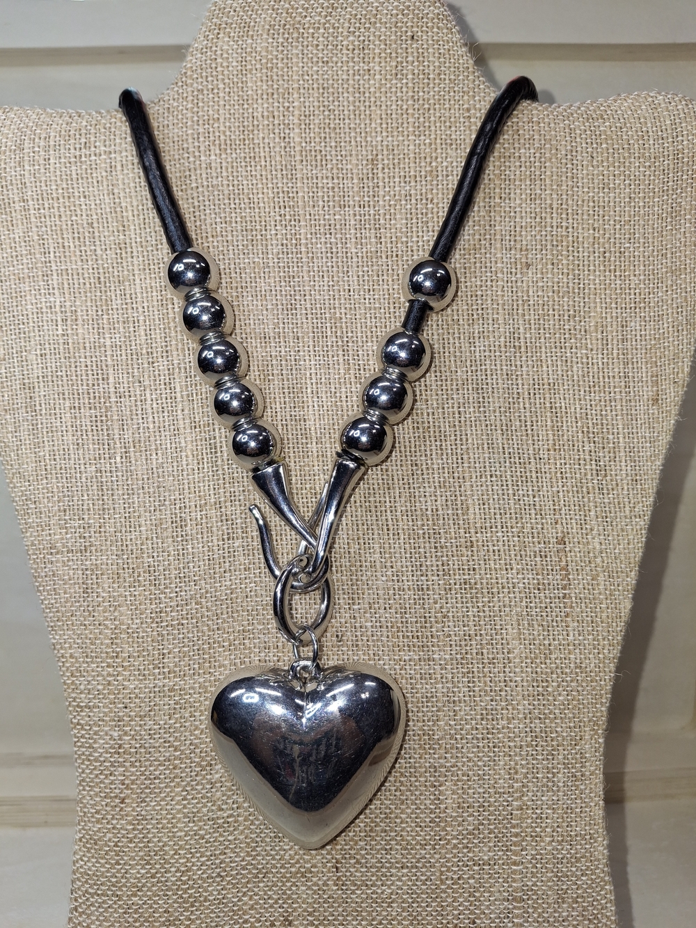Silver Heart Pendant Necklace with Bead Accents - Women's Jewelry